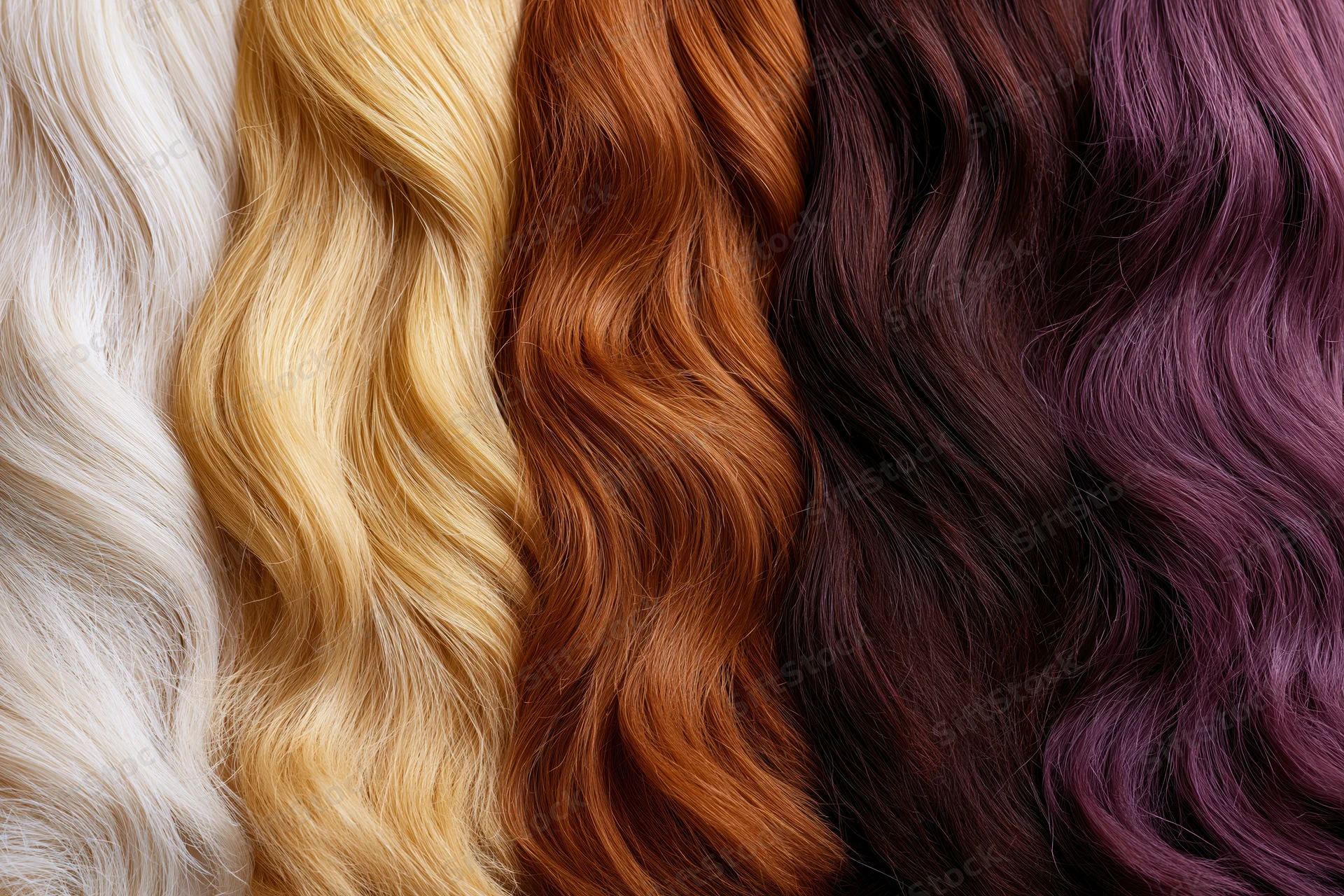 Five vertical swatches of human hair in different colors arranged side by side