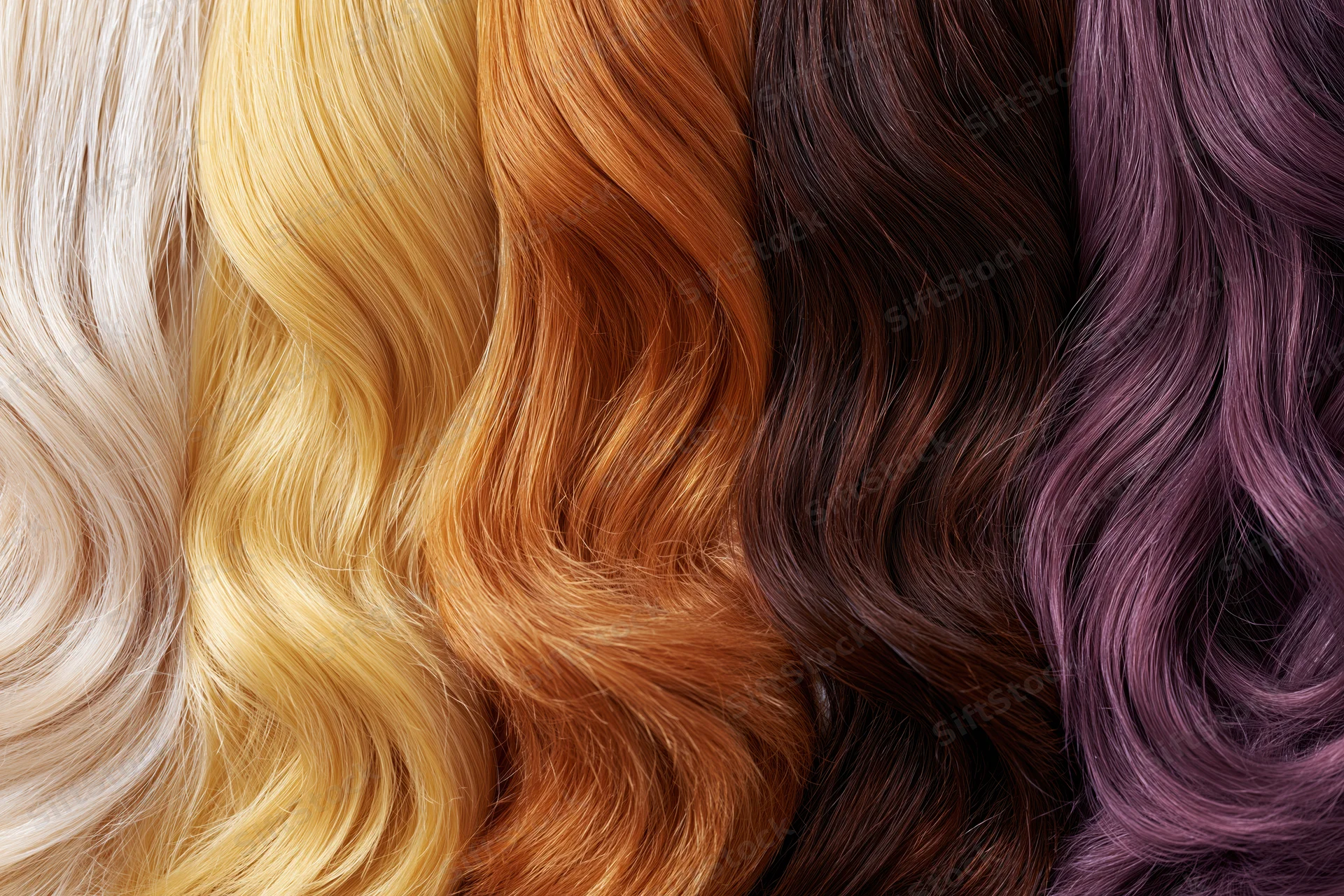 Five vertical swatches of colored human hair arranged side by side showing blonde, auburn, brown and purple tones with wavy texture