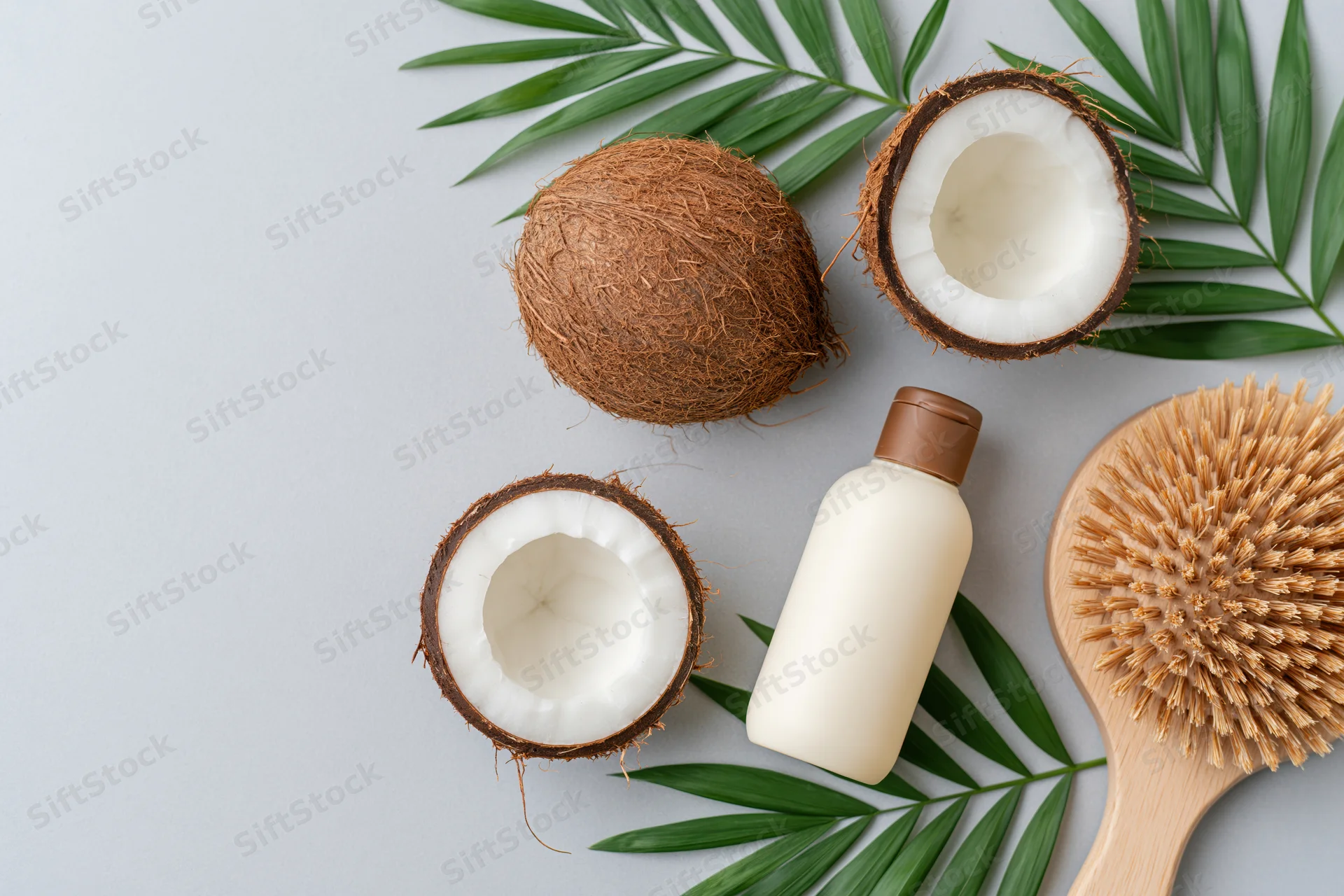 Halved coconuts, palm leaves, cream bottle and wooden brush arranged in flat lay on light gray surface