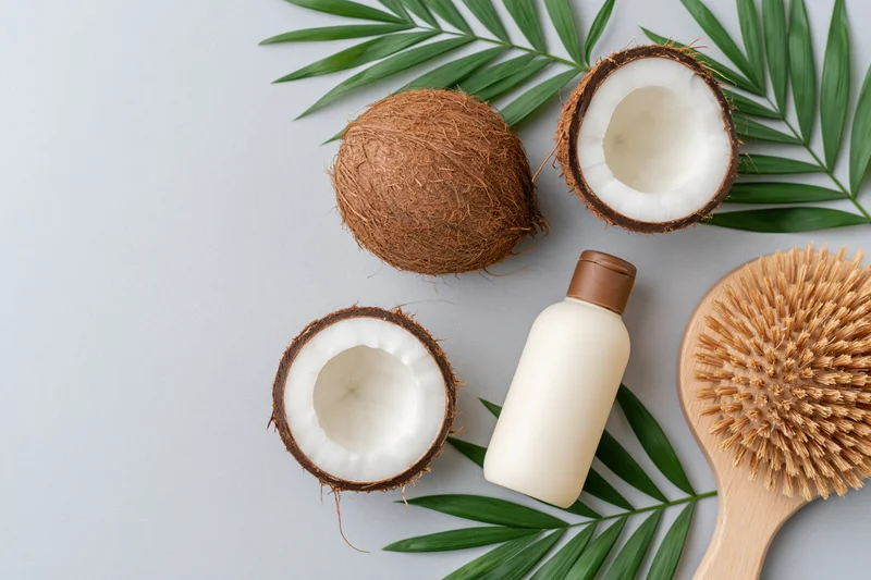 Halved coconuts, palm leaves, cream bottle and wooden brush arranged in flat lay on light gray surface