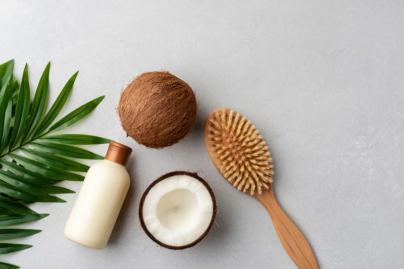 Flat lay of coconuts, a cream bottle, a wooden brush and palm leaves on a gray surface