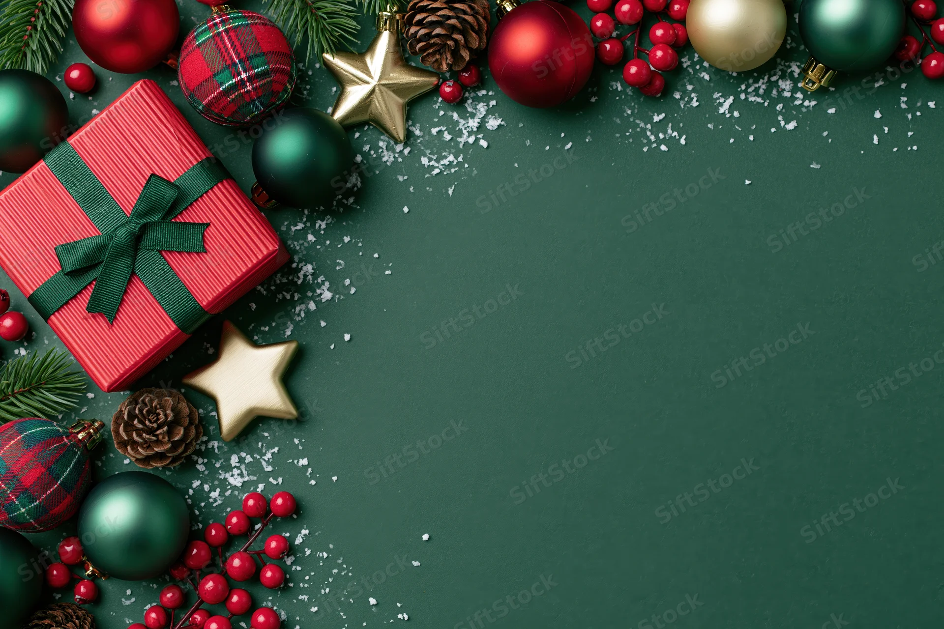 Christmas ornaments and a wrapped gift arranged in a flat lay on a dark green surface with copyspace
