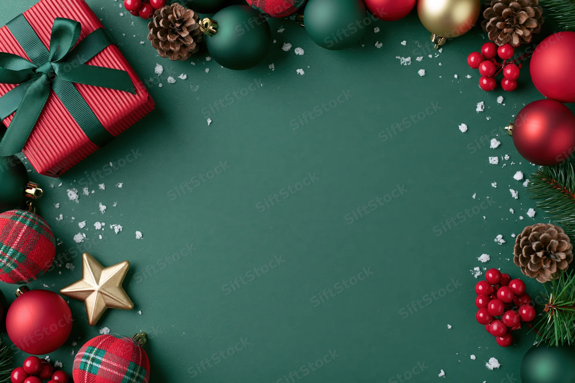 Christmas ornaments and a wrapped gift arranged in a flat lay frame on green surface with copyspace