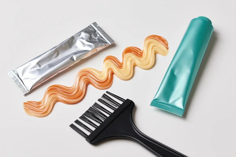Hair dye brush and two metallic tubes with swirled dye on white surface