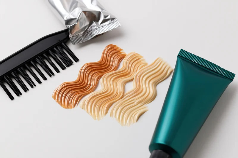 Hair dye swatches and tools arranged on white surface