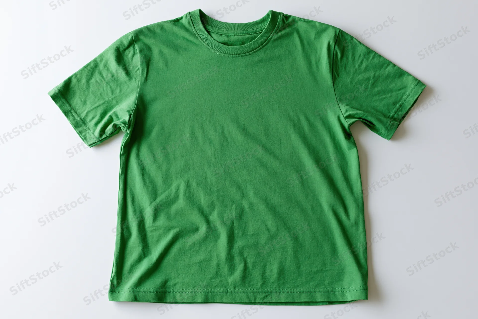 Plain green cotton t-shirt laid flat on white background