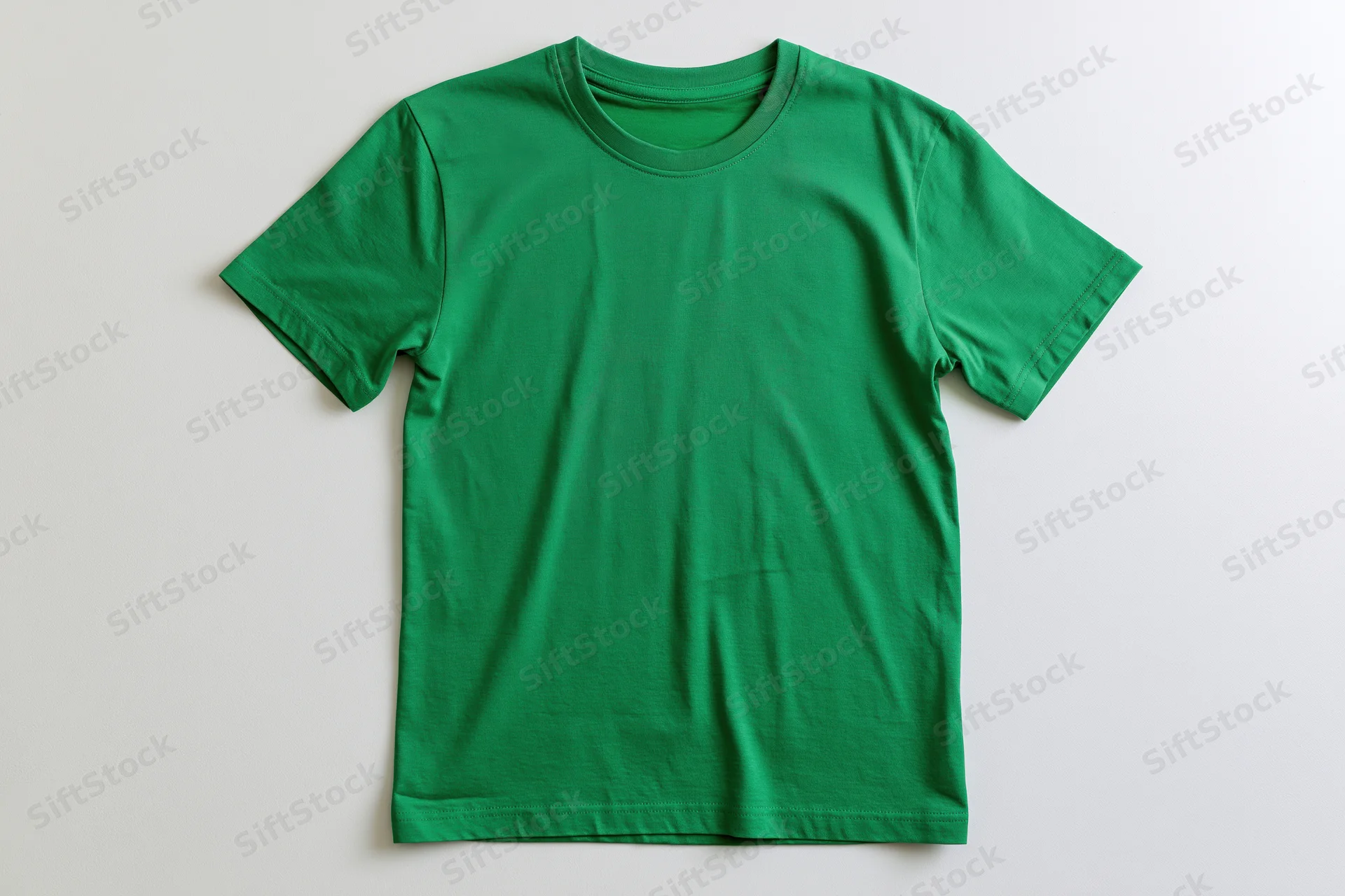Plain green cotton t-shirt laid flat on white background