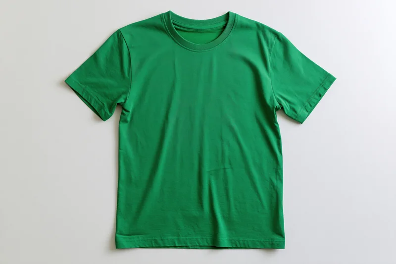 Plain green cotton t-shirt laid flat on white background