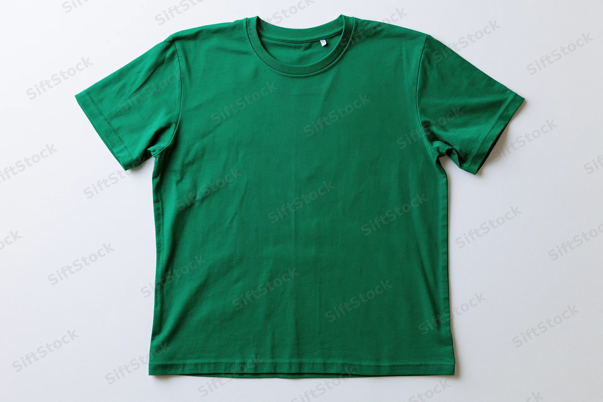 Plain green cotton crew-neck t-shirt laid flat on white background