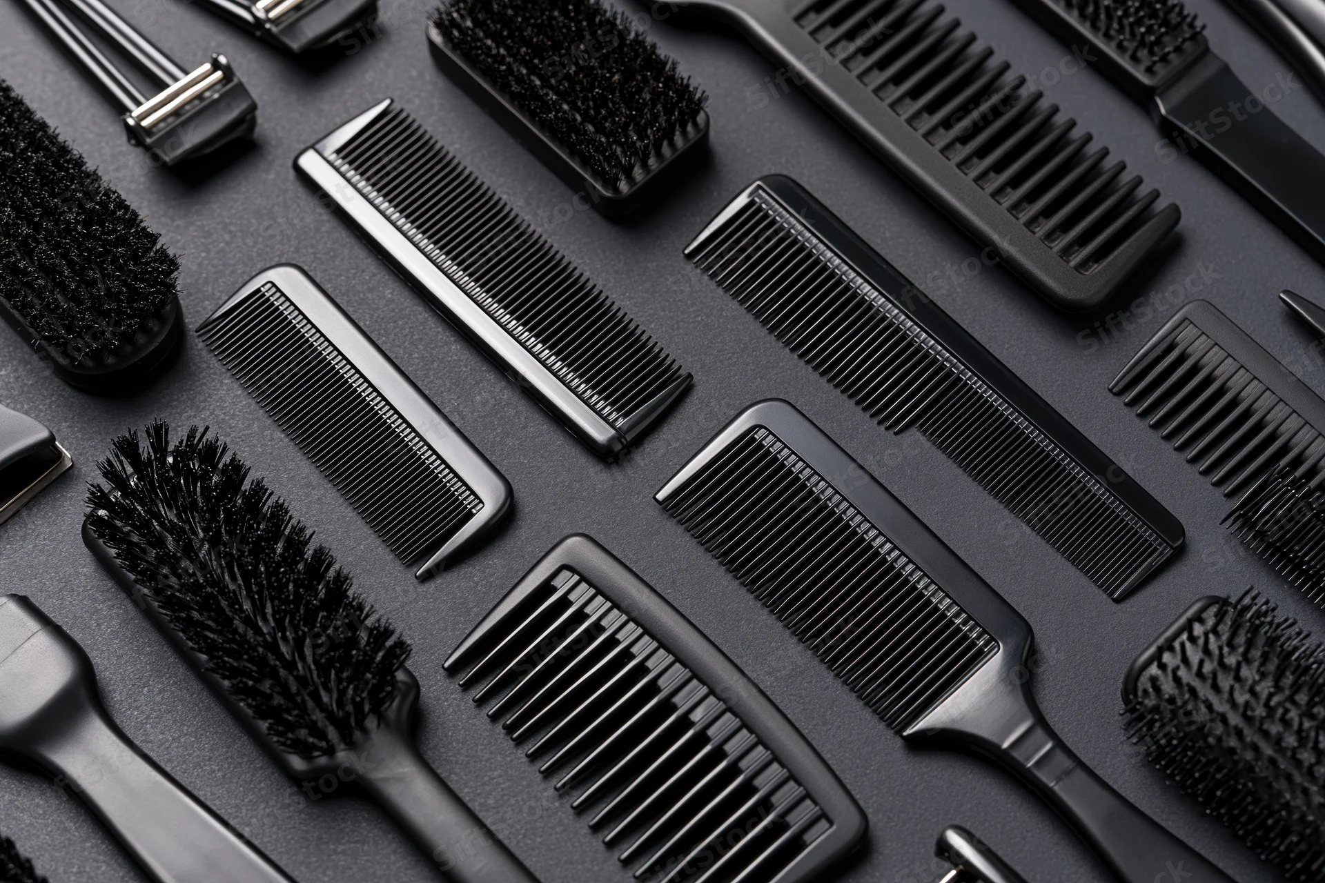 Assorted black hair styling tools arranged in flat lay on dark surface