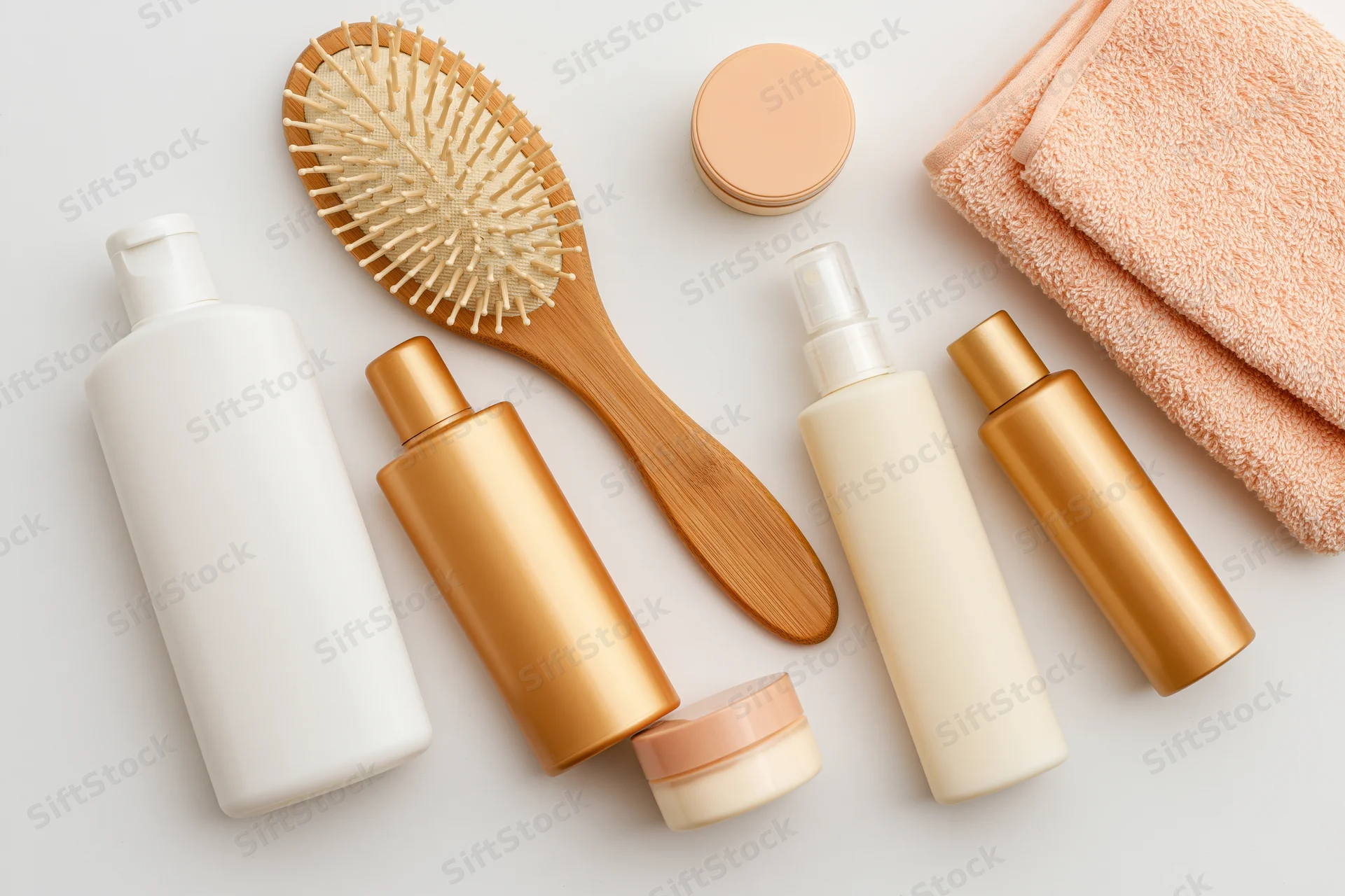 Hair care products arranged in flat lay on white surface with towel and brush