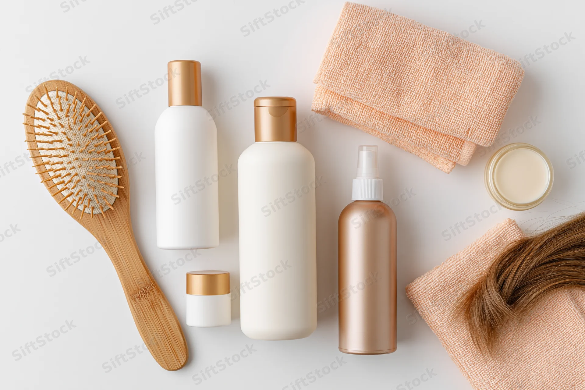Hair care products arranged in flat lay on white surface with towel and brush