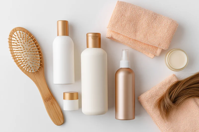 Hair care products arranged in flat lay on white surface with towel and brush