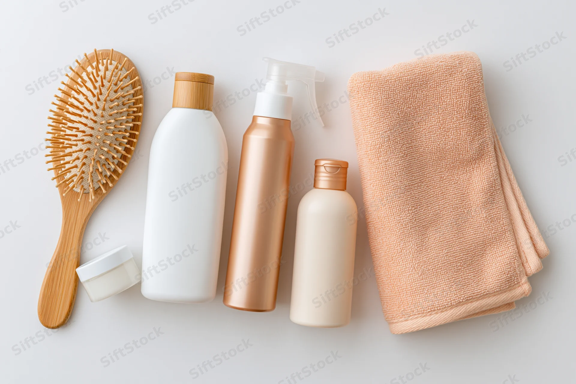 Hair care products arranged in flat lay on white surface with towel and brush