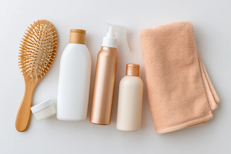 Hair care products arranged in flat lay on white surface with towel and brush