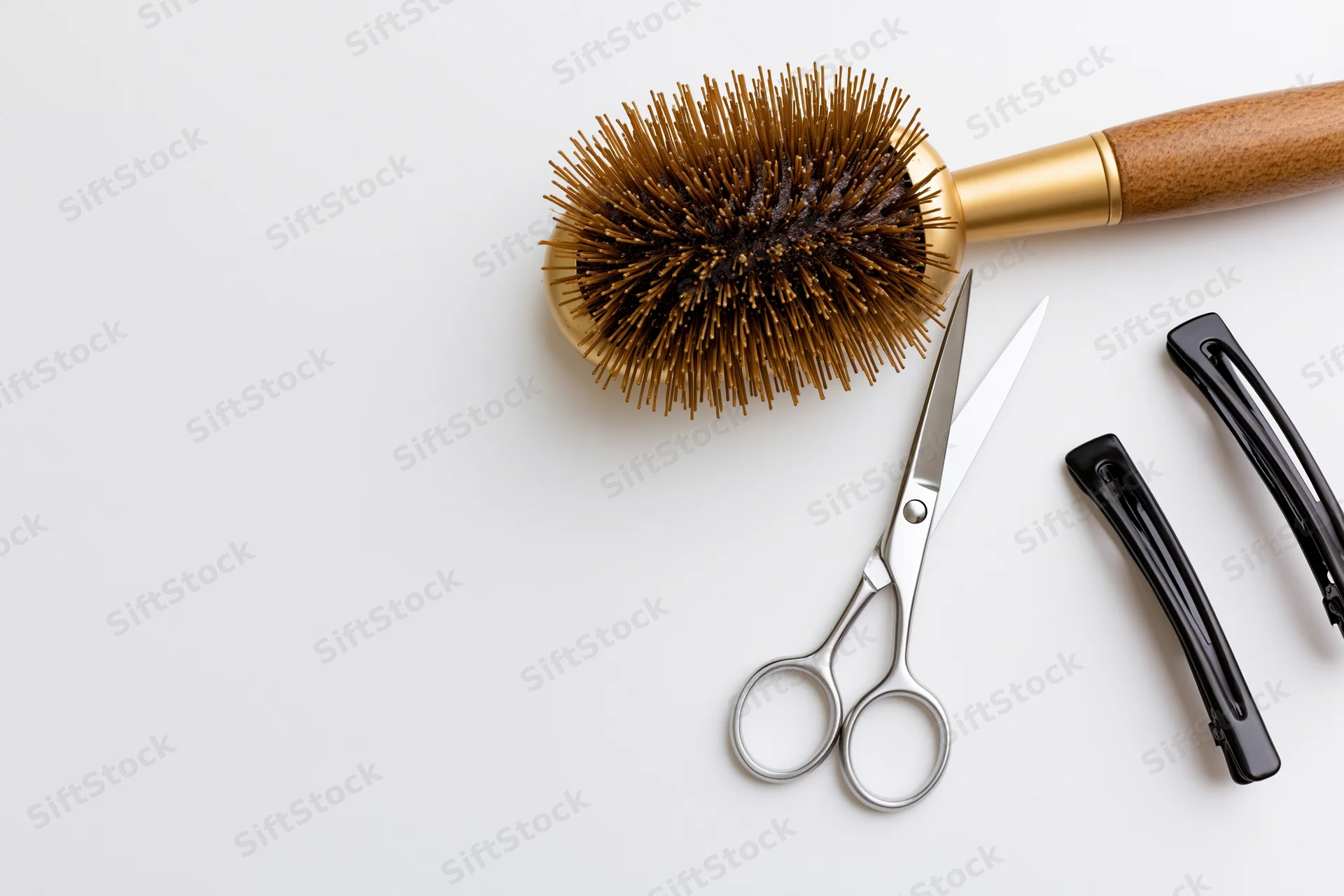 Hairdressing tools arranged on a white surface in flat lay view