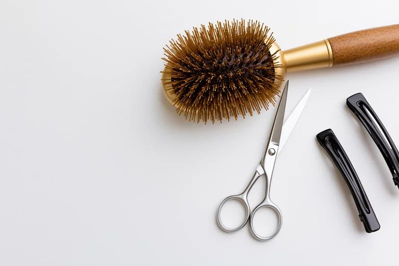 Hairdressing tools arranged on a white surface in flat lay view