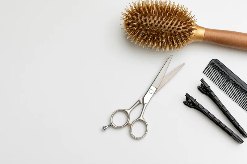 Hairdressing tools arranged on a white surface with copyspace