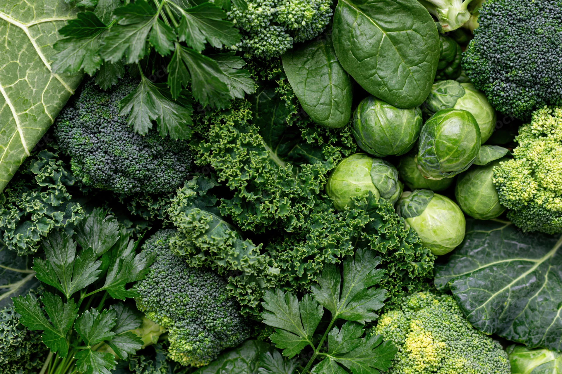 Dense flat lay of mixed green vegetables including broccoli kale brusselsprouts and spinach filling the frame