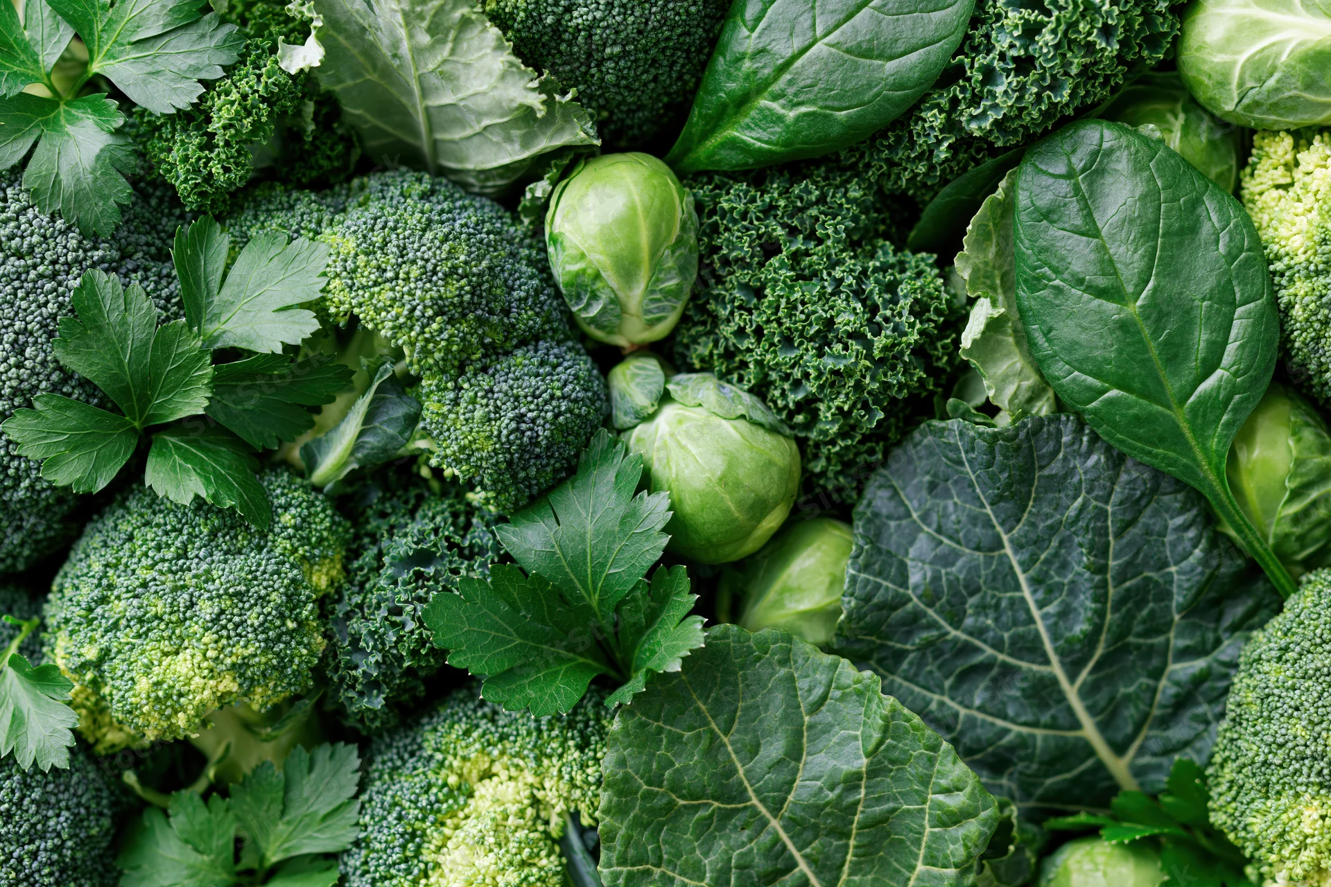 Dense flat lay of mixed green vegetables including broccoli kale brussels sprouts and parsley arranged to fill the frame