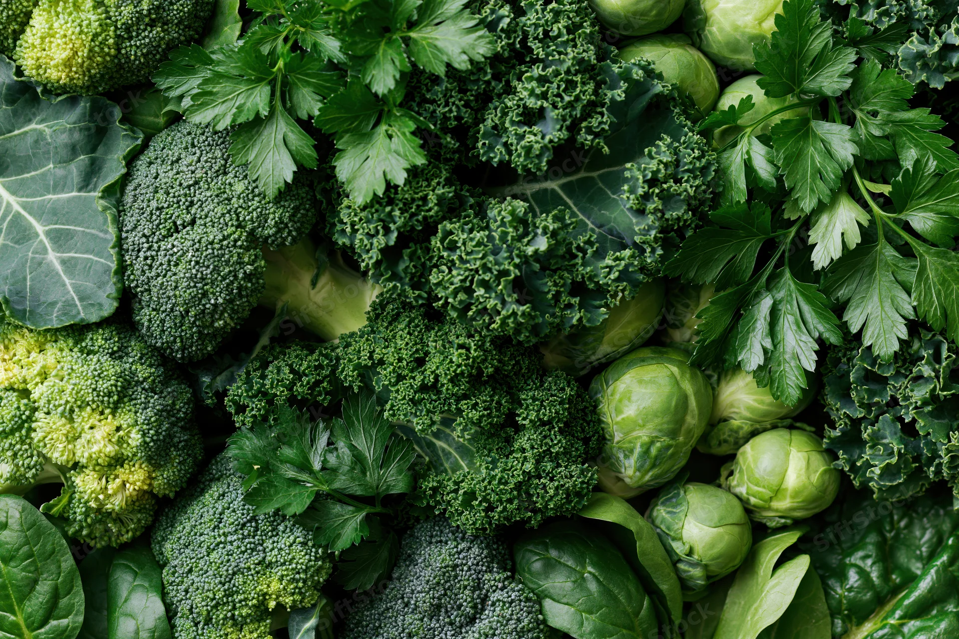 Dense flat lay of mixed green vegetables including broccoli kale brussels sprouts and parsley filling the frame