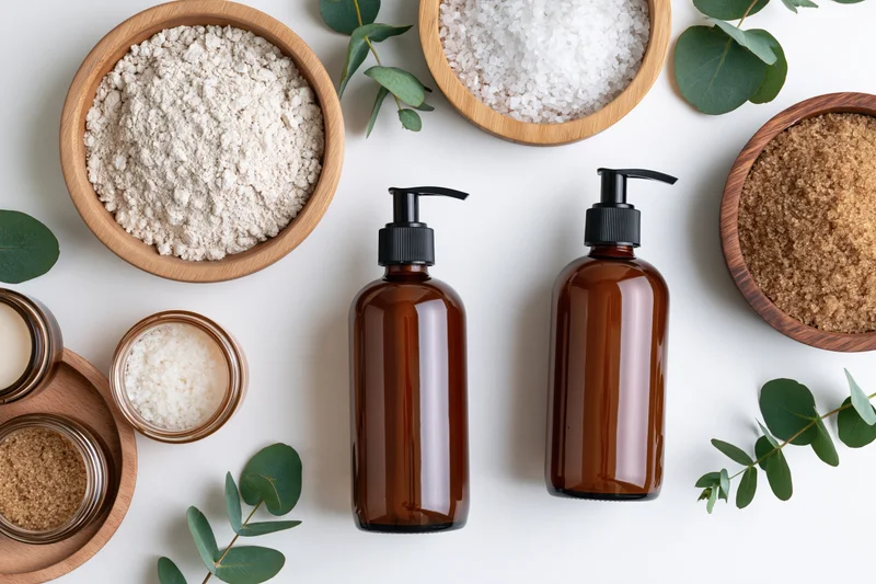 Two amber glass pump bottles with natural ingredients in wooden bowls and eucalyptus leaves arranged in flat lay on white surface