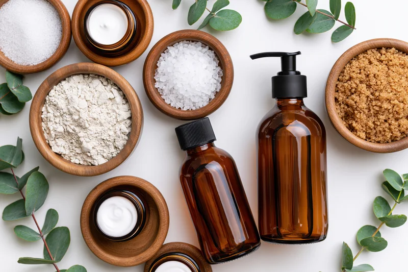 Flat lay of amber glass pump bottles and dropper bottles with wooden bowls of natural ingredients and eucalyptus leaves on white surface