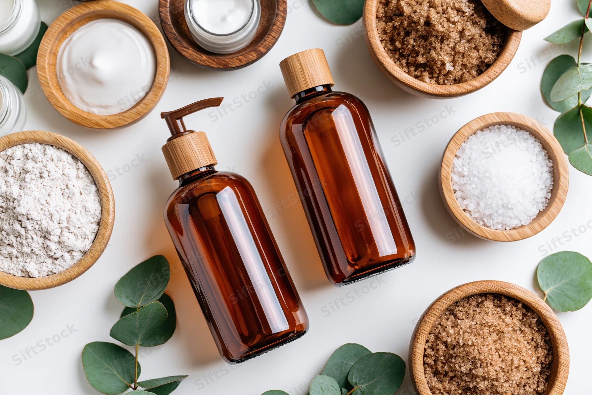 Two amber glass pump bottles with wooden bowls of natural ingredients and eucalyptus leaves arranged in a flat lay on white surface