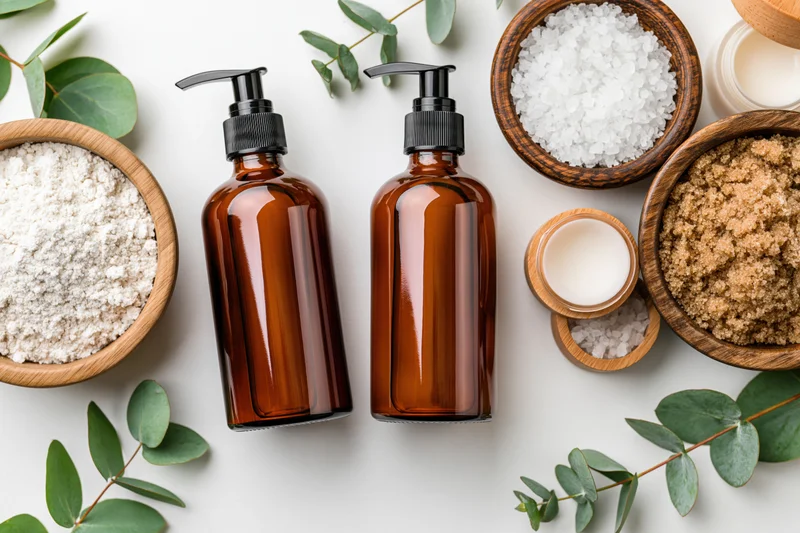 Two amber glass pump bottles with natural ingredients arranged in a flat lay on white surface with wooden bowls and eucalyptus leaves