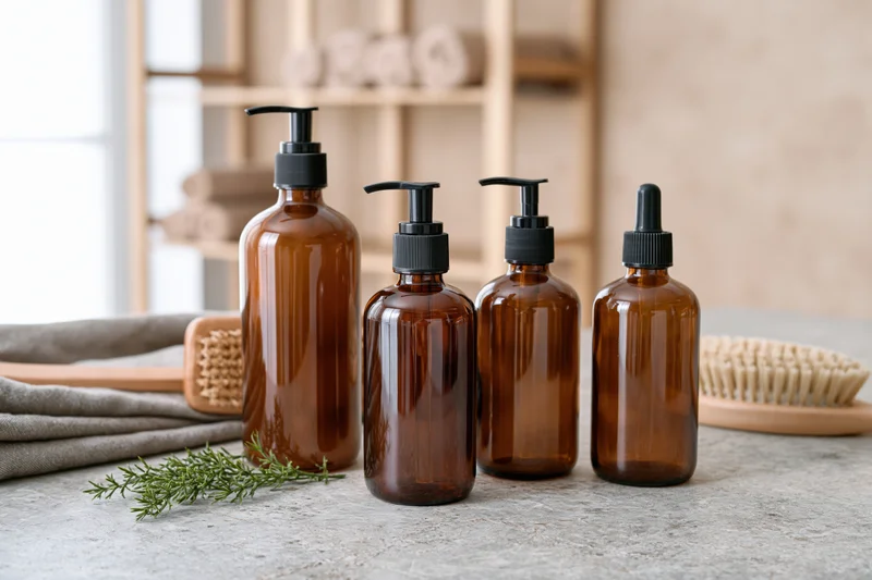 Four amber glass bottles with pump and dropper tops arranged on a countertop with brushes and a sprig of rosemary