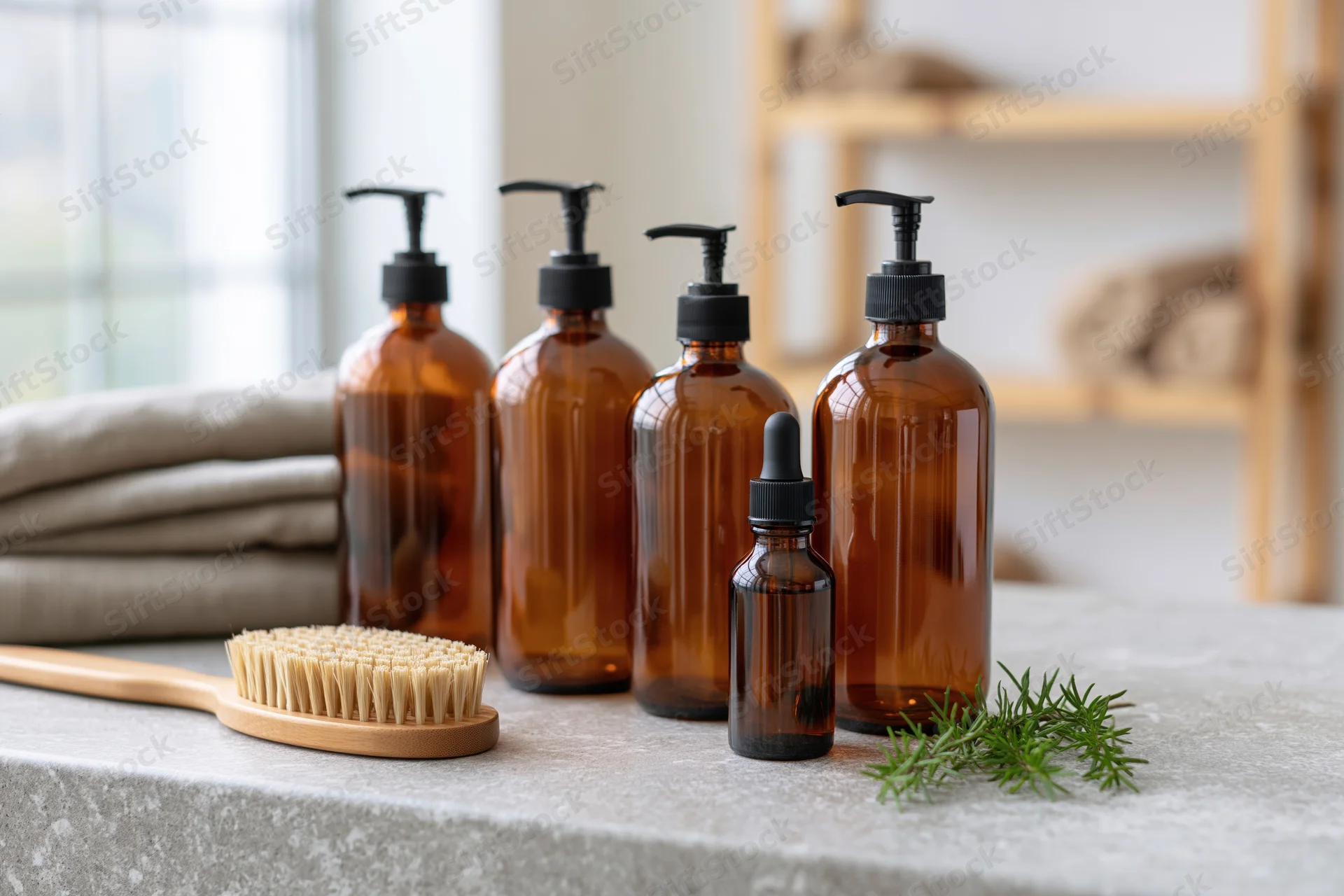 Amber glass bottles with pump and dropper on a bathroom countertop beside a bamboo brush and rosemary sprig