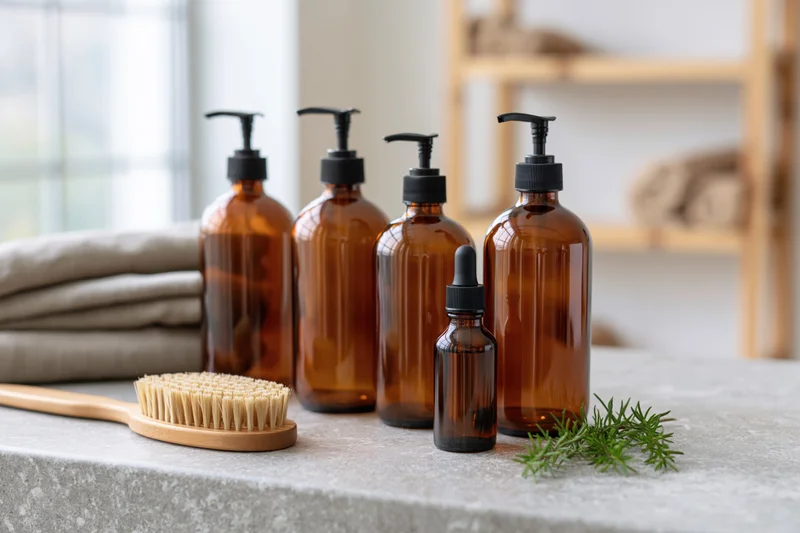 Amber glass bottles with pump and dropper on a bathroom countertop beside a bamboo brush and rosemary sprig