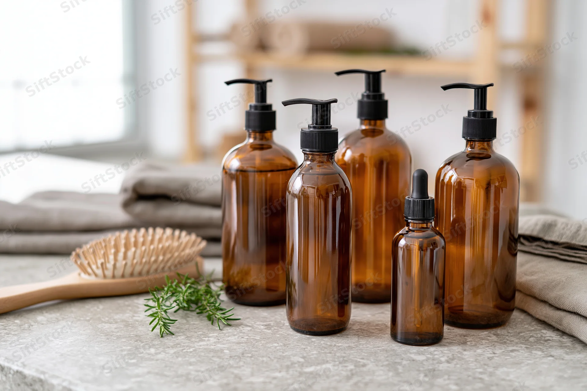 Amber glass bottles with pump and dropper caps arranged on a countertop beside a wooden brush and rosemary sprig