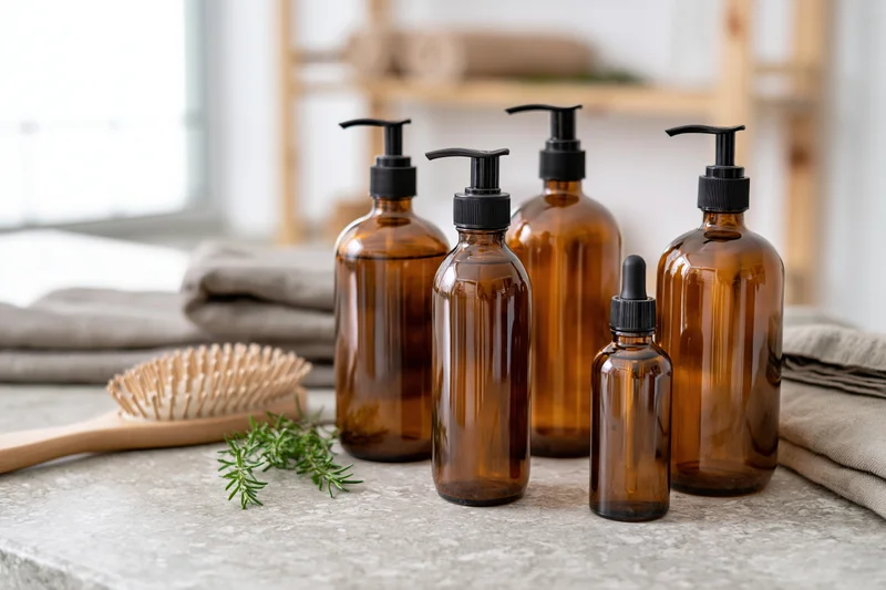 Amber glass bottles with pump and dropper caps arranged on a countertop beside a wooden brush and rosemary sprig