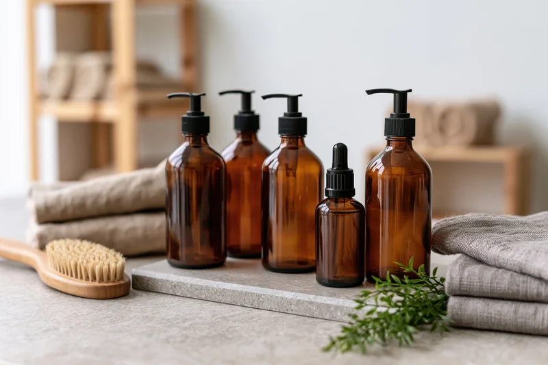 Amber glass bottles with pump and dropper caps arranged on a stone slab beside towels and a brush in a spa setting