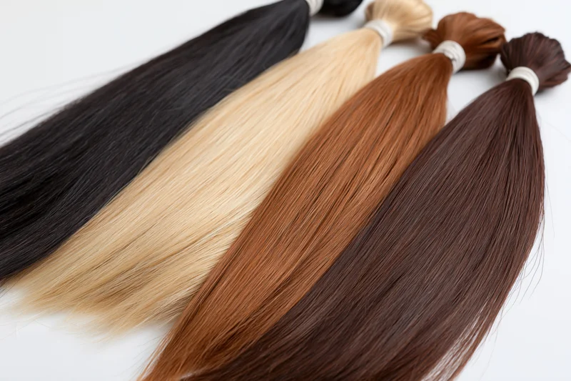 Four bundles of hair extensions in black, blonde, auburn and brown arranged on white surface
