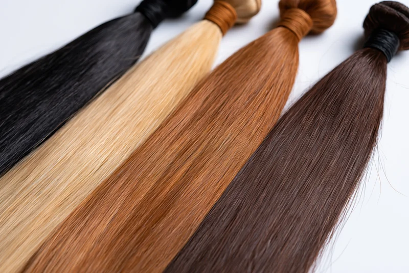 Four bundles of hair extensions in black, blonde, auburn and brown arranged on white background