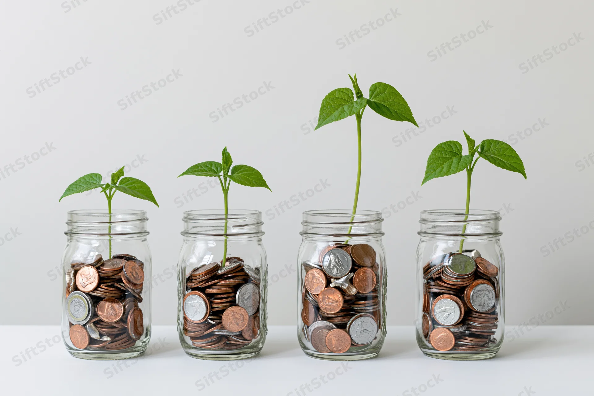 Four glass jars filled with coins and growing green plants arranged in a row on a white surface