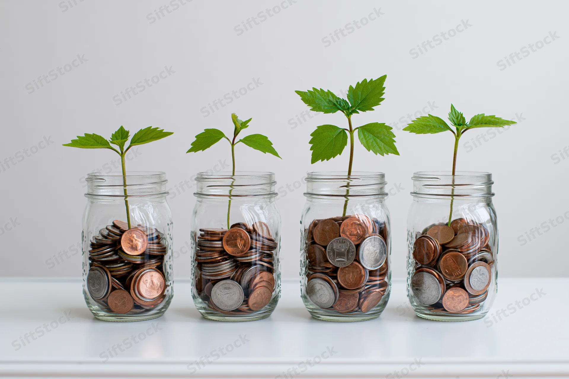 Four glass jars filled with coins and growing green plants arranged in a row on a white surface