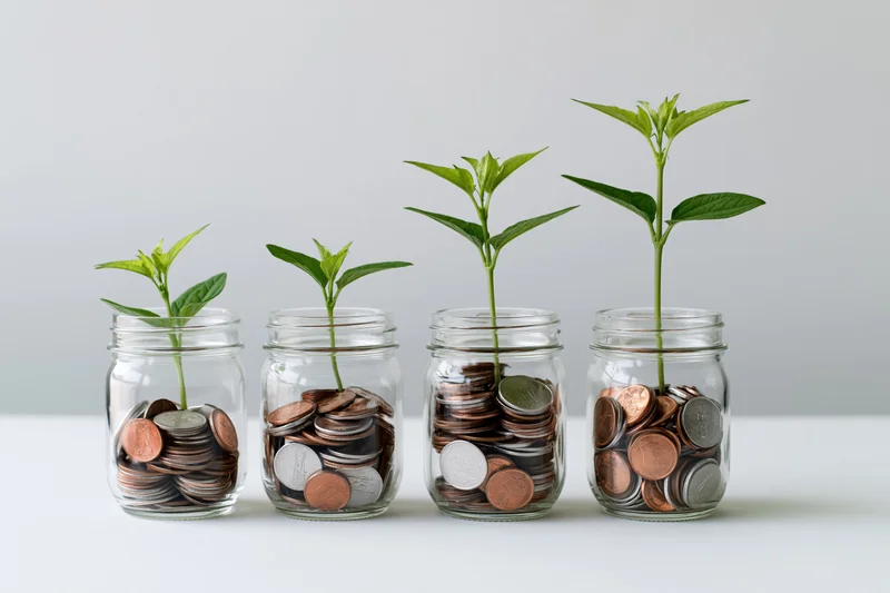 Four glass jars filled with coins and growing plants arranged in a row on a white surface