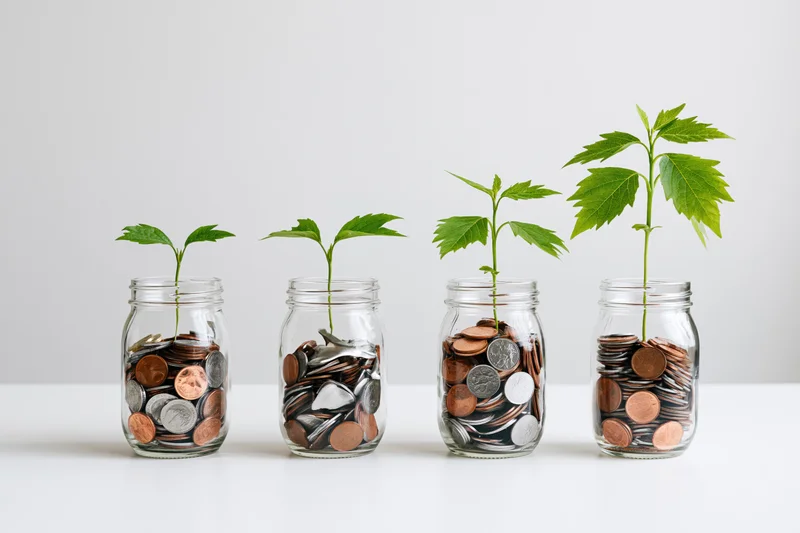 Four glass jars filled with coins each growing a green plant in a row on a white surface