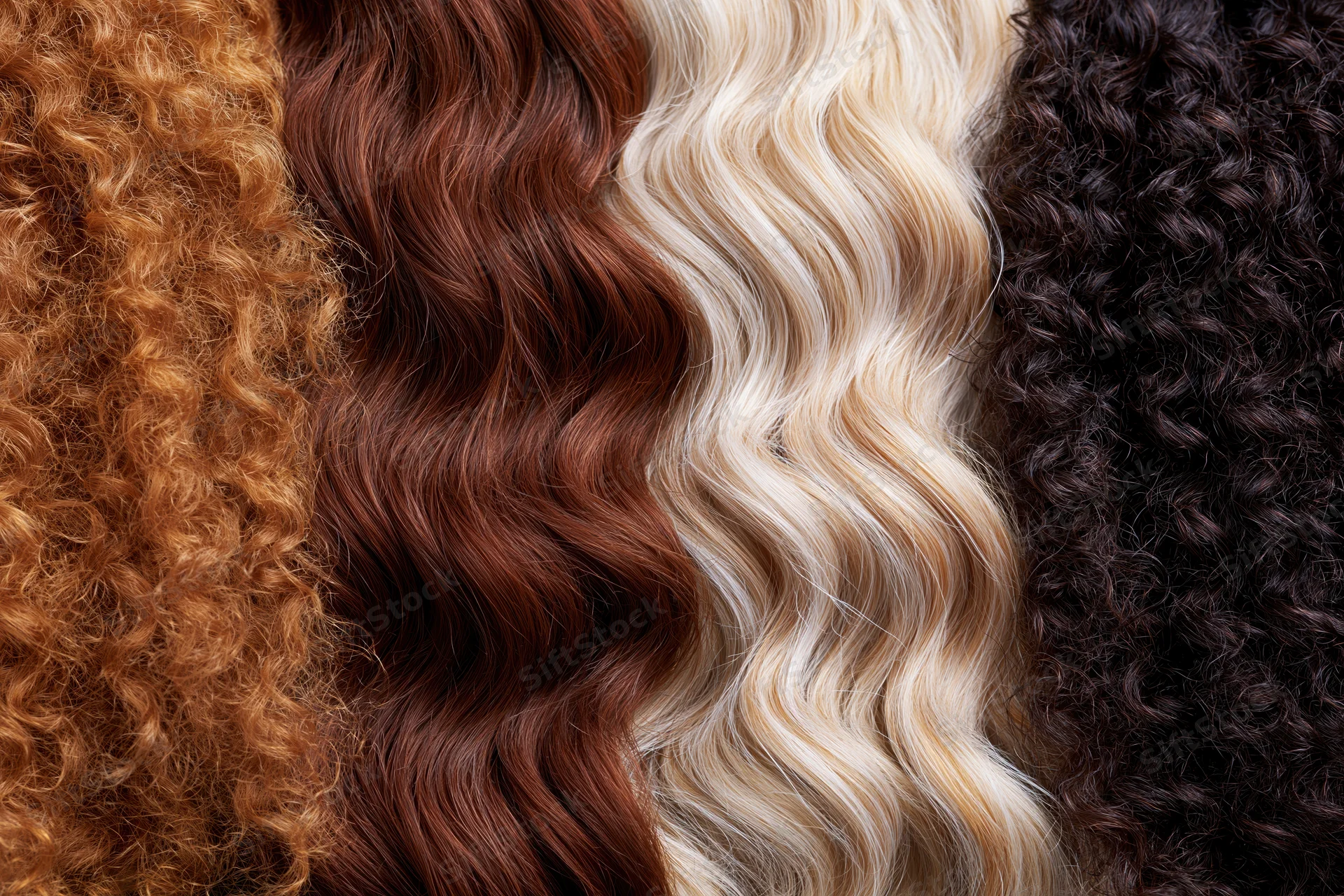 Four hair texture samples arranged side by side in a flat lay
