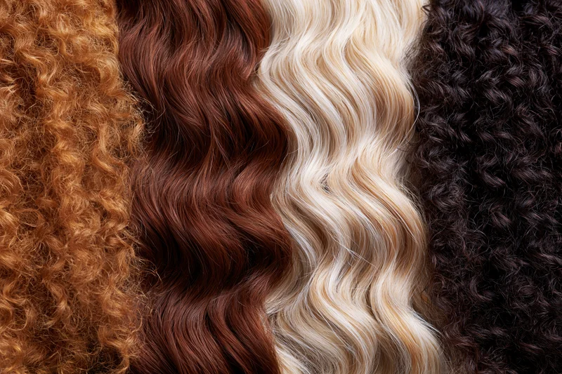 Four hair texture samples arranged side by side in a flat lay