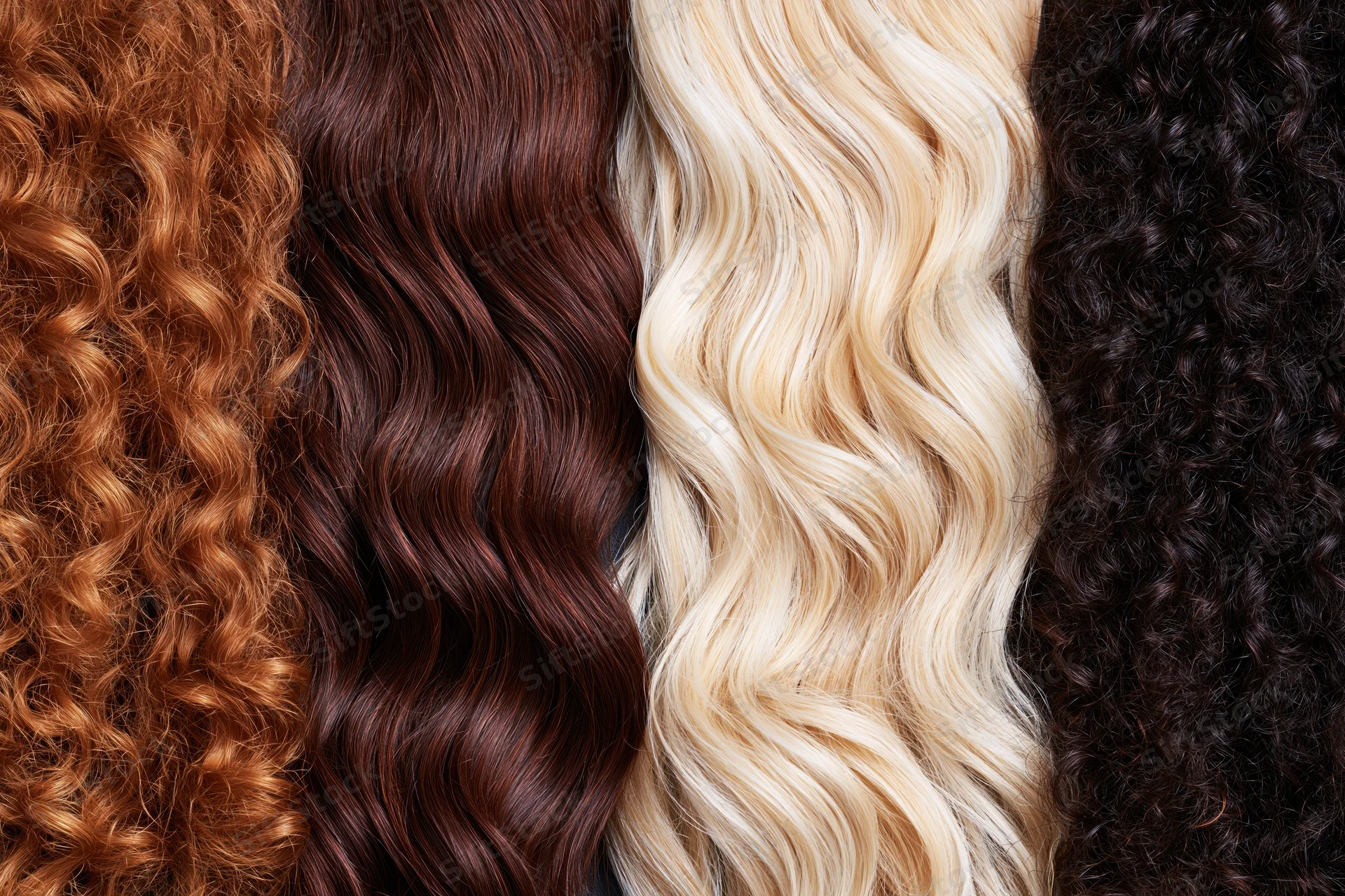 Four hair texture samples arranged side by side in a flat lay
