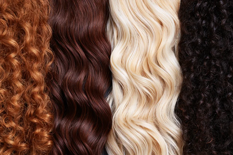 Four hair texture samples arranged side by side in a flat lay