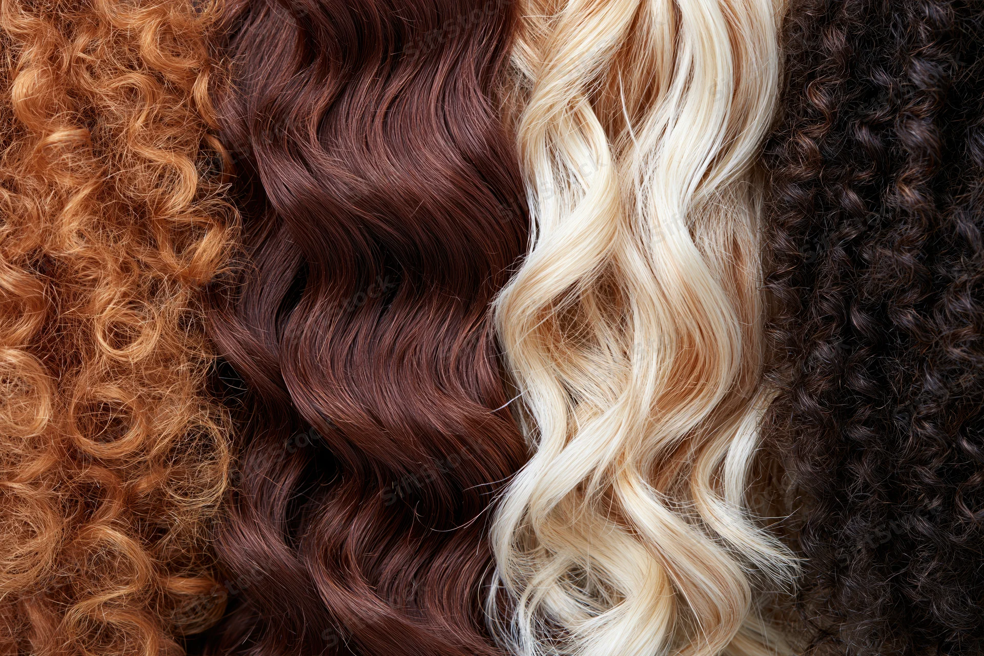 Four hair texture samples arranged side by side in a flat lay