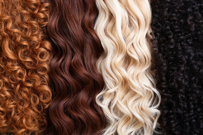Four hair texture samples arranged side by side in a flat lay