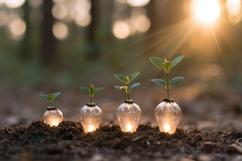 Four seedlings growing from glowing lightbulbs in soil under sunlight in a forest