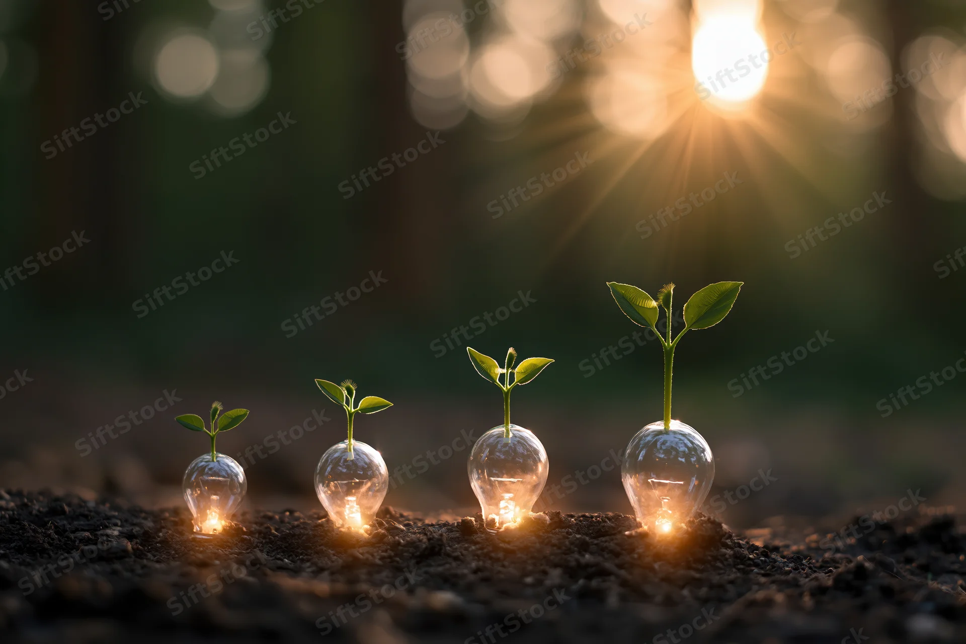 Four seedlings growing from glowing lightbulbs in soil with sunlight behind