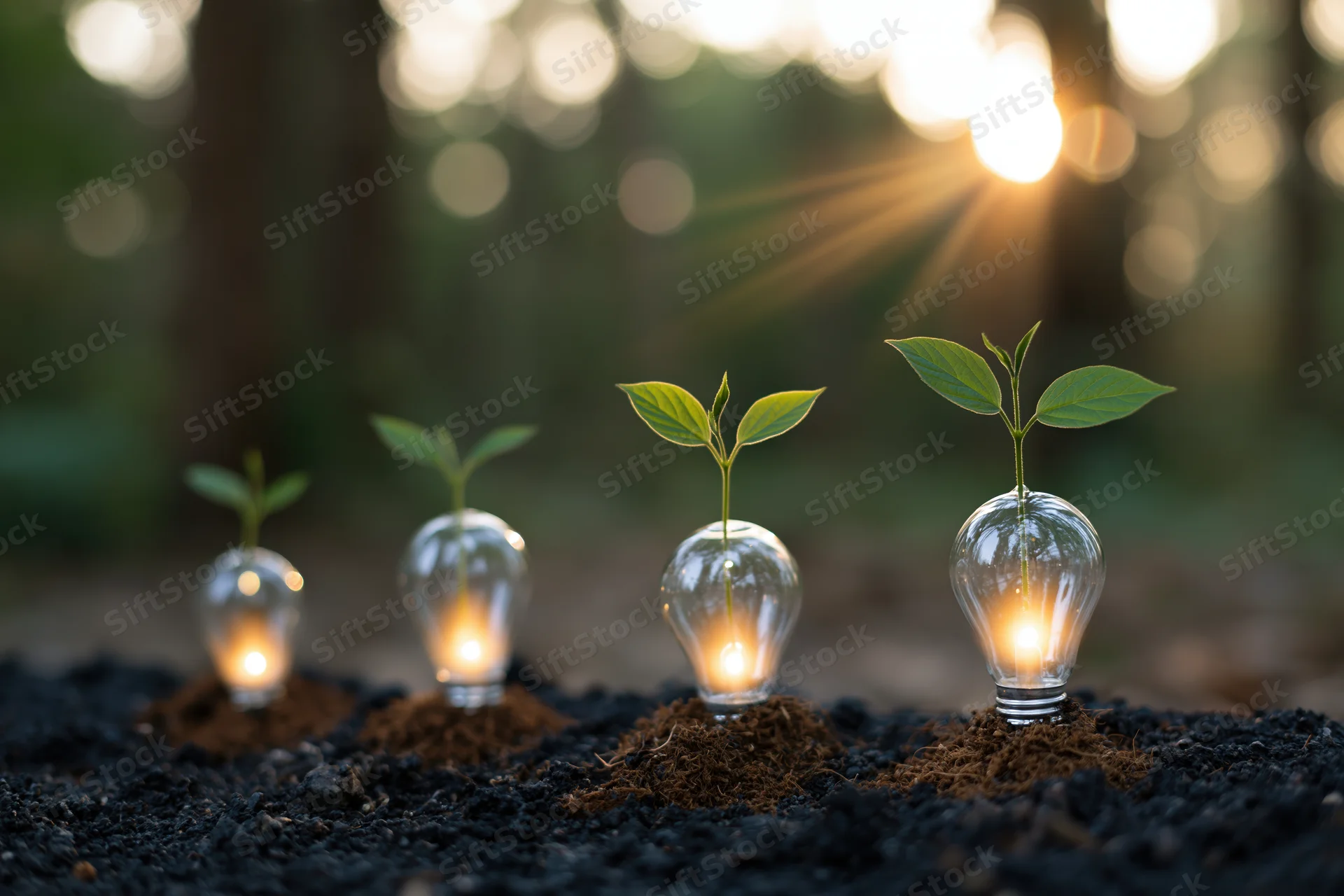 Four seedlings growing from glowing lightbulbs in soil under forest sunlight